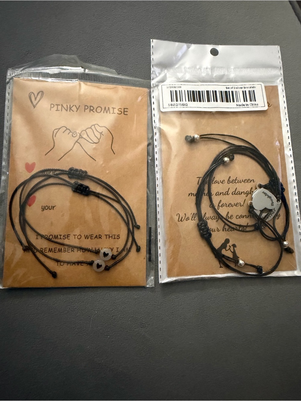 Black Cord Mother/Daughter Bracelets. Matching. Heart beads Glow-in-the-Dark